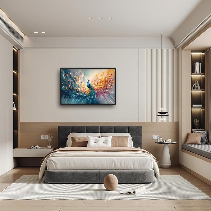 Flintis Large Colorful Peacock Framed Wall Art Peacock Feathers Pictures Wall Decor Abstract Animal Canvas Painting Print Artworks Decor Framed for Living Room Bathroom Master Bedroom 36L X 24W