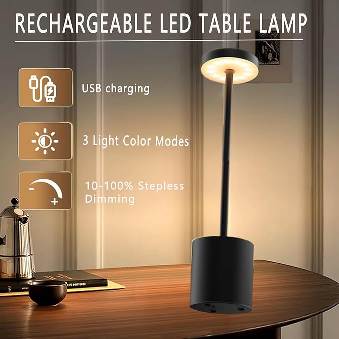 Cordless Table Lamp, 2 Pack Rechargeable Table Lamp, 3 Color Stepless Dimming Up, Battery Operated Portable LED Desk Lamp, Outdoor Table Light for Restaurant/Dinner/Patio/Bars/Bedroom (White)