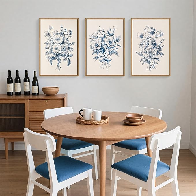 KAIRNE Chinoiserie Floral Wall Art Set of 3, Blue and White Flower Framed Canvas Prints, Vintage Navy Botanical Decor for Living Room, Bedroom, Office - 16×24 inch