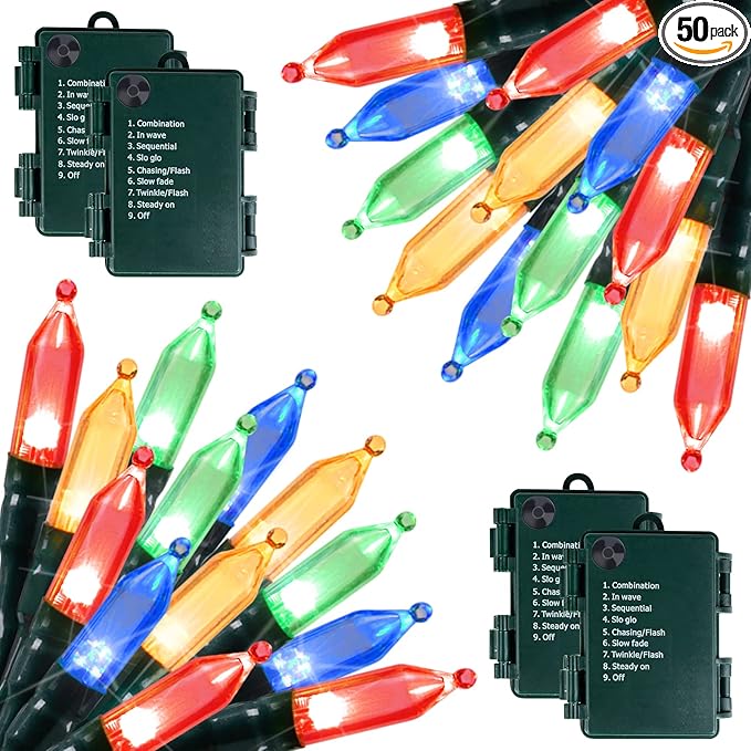 Brightown Christmas Lights 4 Pack 50 LEDs Battery Powered String Lights with Green Wire for Holiday Decorations, Tree Lights, Party, Xmas, Easter, Wedding, Patio, Home Decor, Indoor and Outdoor Use