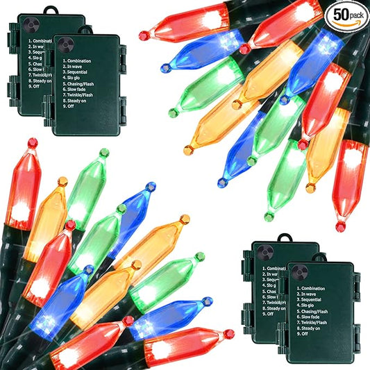 Brightown Christmas Lights 4 Pack 50 LEDs Battery Powered String Lights with Green Wire for Holiday Decorations, Tree Lights, Party, Xmas, Easter, Wedding, Patio, Home Decor, Indoor and Outdoor Use
