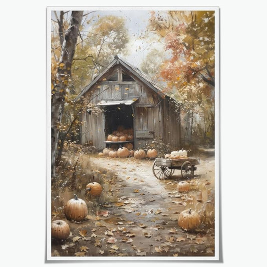 Fall Canvas Wall Art Farmhouse Pumpkin Barn Posters Retro Countryside Fall Pictures Prints Farmhouse Wall Decor for Home Living Room 12x18inch Unframed