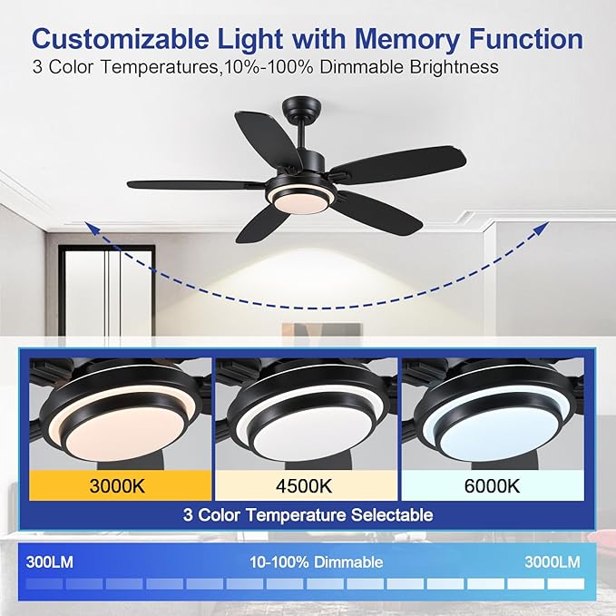 Ceiling Fans with Lights,50“ Modern Black Ceiling Fan and Remote/APP Control,5 Dual Finish Blades Dimmable 3-Color LED Fandelier for Indoor Dinning Room,Bedroom