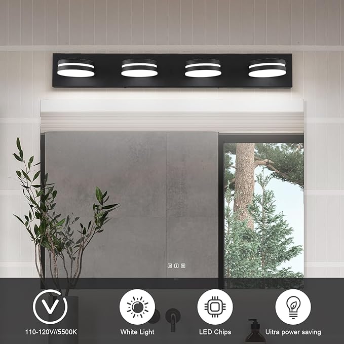 4-Light Bathroom Vanity Light, Matte Black Bathroom Light Fixtures Over Mirror,LED Vanity Lights with 360°Rotating Lamp Head(32in)
