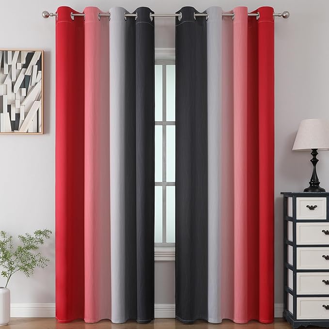 Black and Red 100% Blackout Curtains 84 Inches Long, Ombre Blackout Drapes for Bedroom, Full Light Blocking Thermal Insulated Gradient Grommet Curtain Drapes for Living Room, 52x84 Inch, 2 Panels