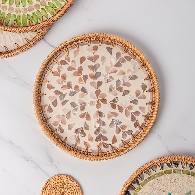 11.81" Round Rattan Mother Pearl Inlay Tray |Decorative Wooden Base for Fruit Serving, Coffee Table, Storage and Display Organizer (Brown Heart)
