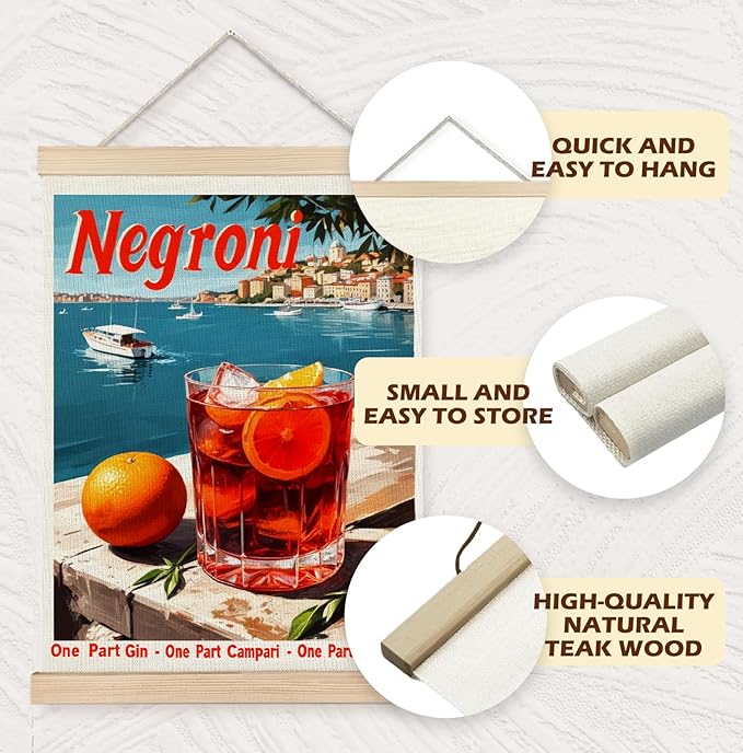 Yomisex Classic Negroni Cocktail Wall Art Poster, Vintage Italian Orange Alcohol Mediterranean Coastal Seaside Canvas Prints Wall Art Framed for Bar Pub Restaurant Decor, 12x16 Inch