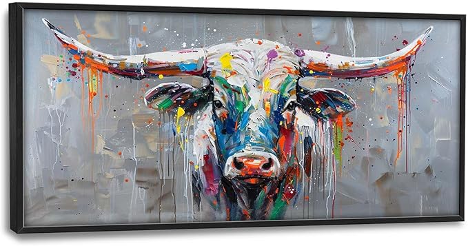 Cow Large Framed Wall Art Abstract Colorful Cow Pictures Graffiti Oversized Wall Decor Canvas Print Painting Aesthetic Modern Artwork for Living Room Bedroom Office Bathroom Home Decor 60L x30W