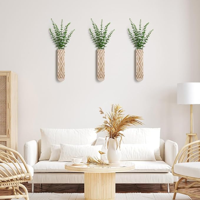3 Pack Wood Wall Planter, Boho Wall Art for Entryway and Bathroom Decor, Modern Farmhouse Decor, Wall Decor Vase for Holding Fake Plants and Dried Flowers