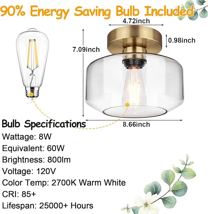 Industrial Semi Flush Mount Ceiling Light Brass, 800 Lumen LED Bulb Included, Clear Glass Shade Ceiling Light Fixture, Light Fixture for Hallway Bathroom Bedroom, Vintage Hanging Lighting