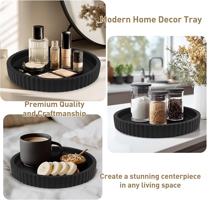 Round Decorative Tray for Coffee Table Decor-Modern Home Decor Tray-Concrete Coffee Table Serving Tray-Centerpiece Table Tray-Ottoman,Vanity, Bathroom, Kitchen,Dresser (Black)
