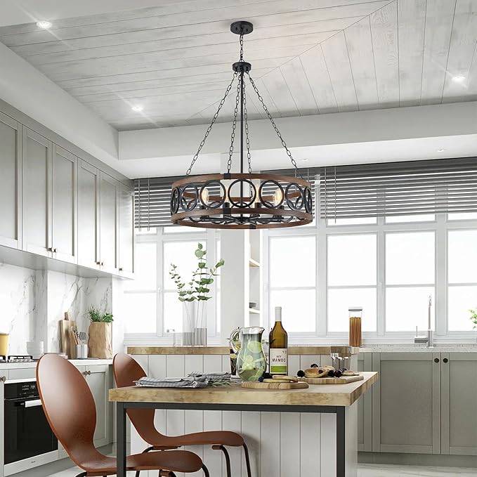 XINGQI 8 Lights Modern Farmhouse Chandelier Black 32.3" Large Drum Light Fixture Rustic Pendant Lighting for Living Room Dining Room Kitchen Island Bar Office, Round Metal Shade Wood Grain Finish