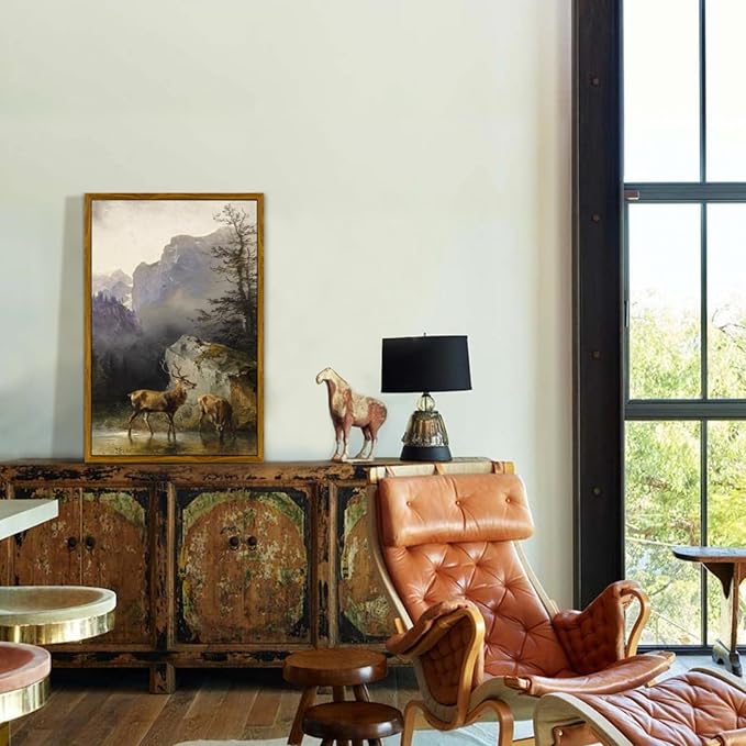 crmotu Vintage Framed Wall Art, Animal Deers Painting Canvas Prints, Mountain Mist Landscape Rustic Home Decorations, Nature Aesthetic Pictures Wall Decor Living Room Bedroom Bathroom Kitchen 16x24in