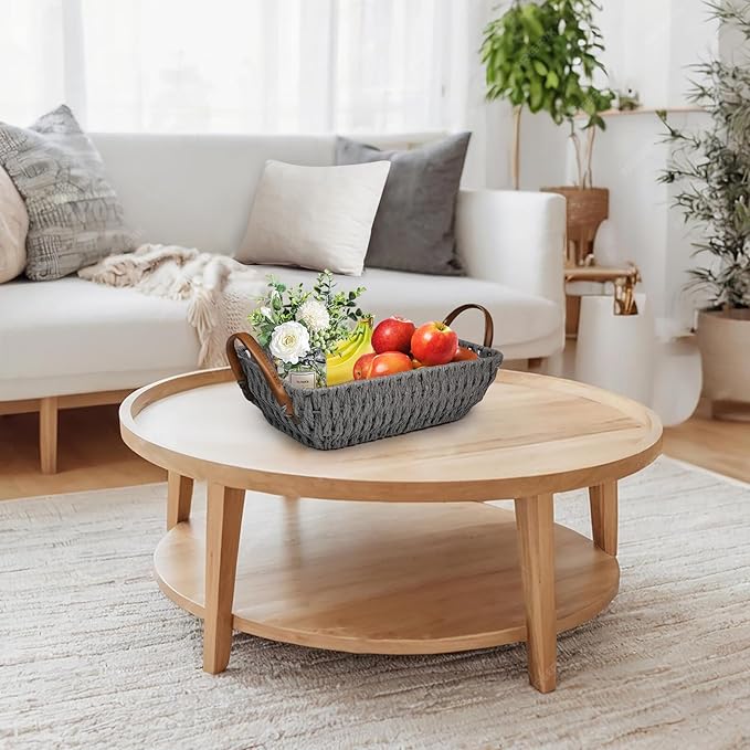 Paper Rope Woven Toilet Paper Basket, Small Wicker Storage Baskets for Organizing with Handles, Bedroom Decor Baskets Toilet Tank Shelf Storage Bins (Set of 2, Grey)