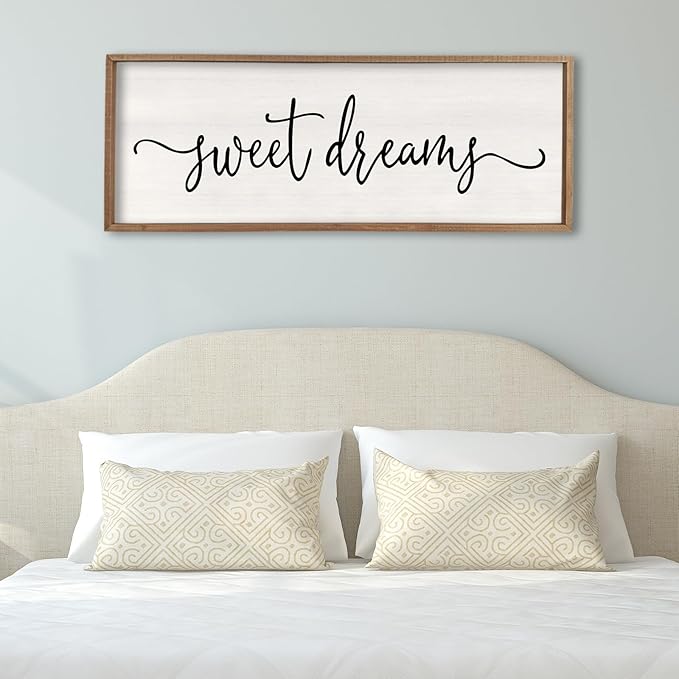 Surfapans Sweet Dreams Wall Decor Above Bed 40"x15" ofr Master Bedroom Guest Room Wood Framed Rustic Over Bed Wall Art Sign (Wood)
