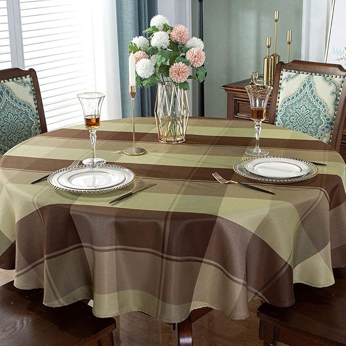 SASTYBALE Round Tablecloth Checkered Style Polyester Table Cloth Dust-Proof Wrinkle Resistant Heavy Weight Table Cover for Kitchen Dinning Tabletop Decoration (Round,60" (4-5 Seats), Taupe)