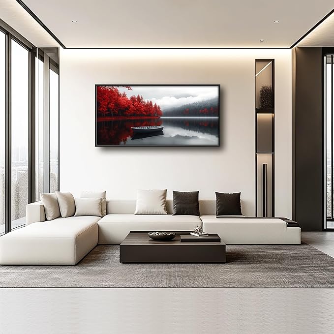 Olivine Lake Large Wall Art, Red Forest Pictures Wall Decor, Black And White Landscape Paintings, Boat Canvas Prints, Framed Artwork for Dining Room Bedroom Living Room Office Bathroom Home 60"x30"