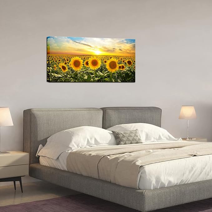 Biuteawal Sunflower Canvas Print Wall Art Sunset Landscape Pictures Flower Field Artwork Modern Painting for Home Kitchen Bedroom Dining Room Stretched and Framed Ready to Hang