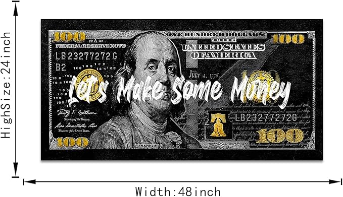 Large Size Money Canvas Art Obsidian Franklin 100 Dollar Art Print with Motivational Positive Quotes Verbs let's Make Some Money Office Home Wall Decor Framed Easy to Hang-48 inch x 24 inch