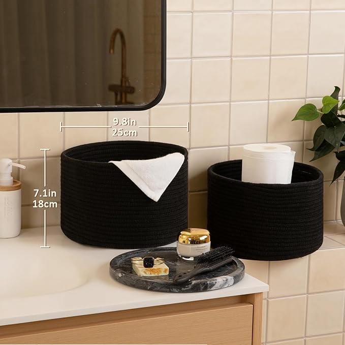 OIAHOMY Small Storage Baskets for Organizing,Closet Cube Shelf Storage, 9.8”×9.8”×7.1”, Woven Cotton Rope Gift Baskets for Nursery,Cute Dog Toy bins, Round 3 Packs, Black