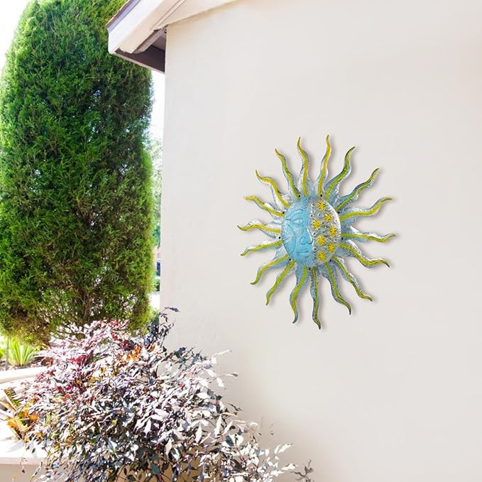 Large Metal Sun Wall Decor Outdoor, 27 Inch Sun and Moon Decor Metal Wall Art, 3D Sun Wall Decor for Patio Garden Yard Fence Bedroom Living Room Decoration