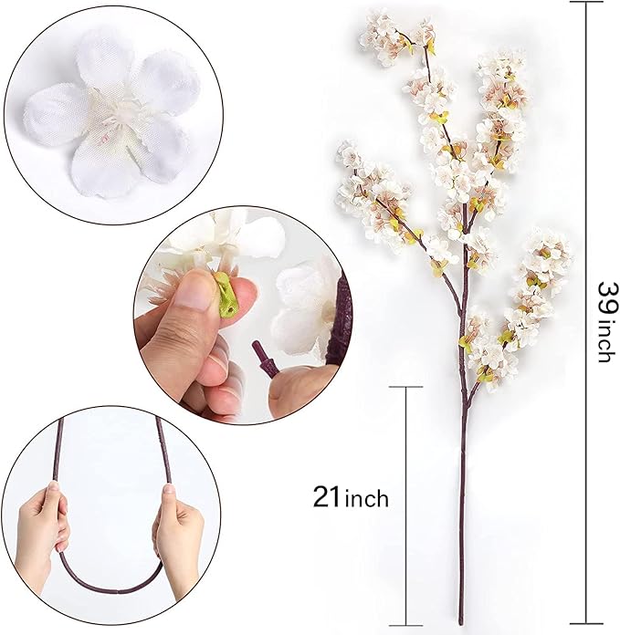 Sunm Boutique Silk Cherry Blossom Branches, Artificial Cherry Blossom Tree Stems Faux Cherry Flowers Vase Arrangements for Wedding Home Decor, Set of 3