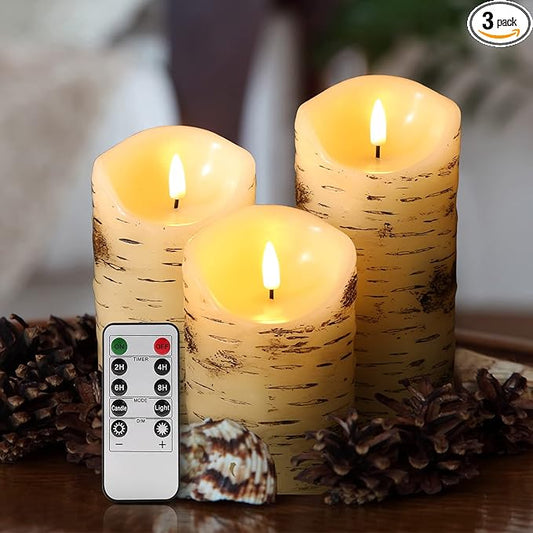 Eywamage Birch Bark Flameless Pillar Candles with Remote, Flickering Rustic Battery LED Wood Candles Set of 3