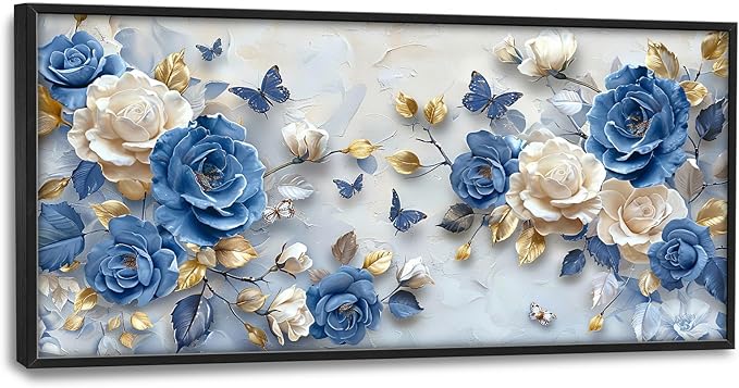 Framed Large Wall Art for Living Room, Blue and White Florals Canvas Wall Decor, Flowers Pictures Painting, Modern Artwork for Bedroom Office 60L'' × 30W''