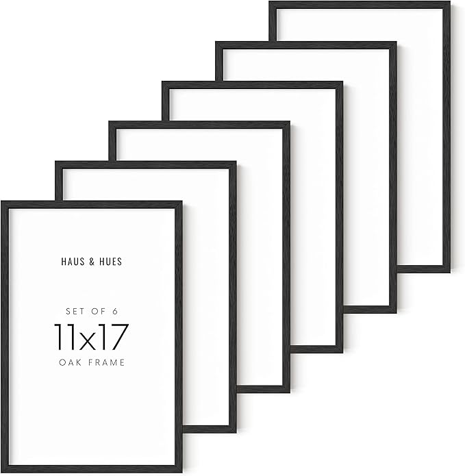 HAUS AND HUES Set of 6 11x17 Picture Frame - 11x17 Frames Black Picture Frames Collage Wall Decor, 11x17 Poster Frame Wooden Picture Frames, 17x11 Picture Frame Black Photo Frames (Black Oak Frame)