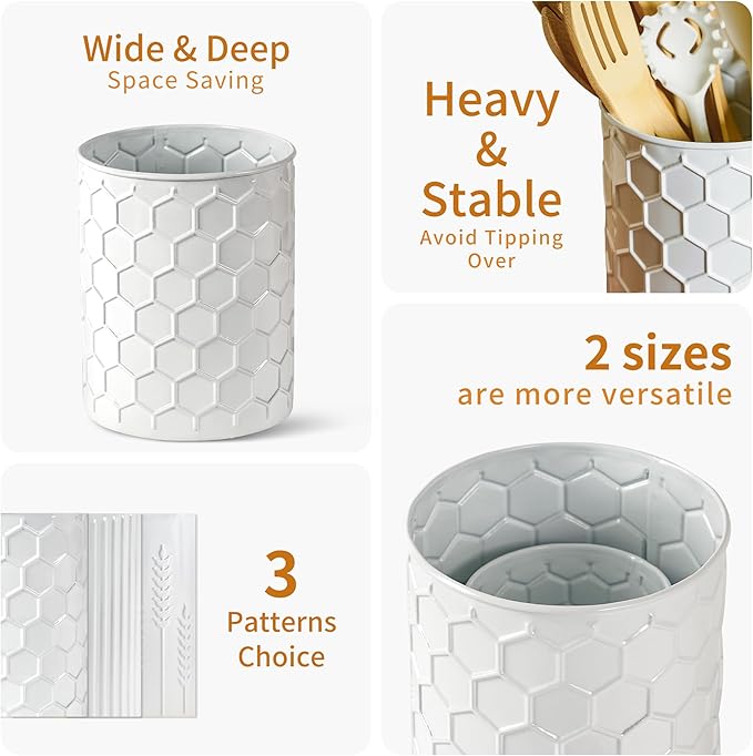 2 Pack Metal Utensil Holder for Kitchen Counter, 7.3"+5.4" Large Cooking Utensil Organizer Honeycomb Pattern Embossed Utensil Caddy for Party Cutlery Tool Holder Storage, White