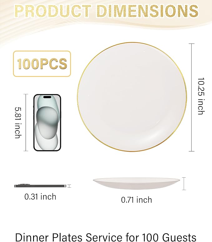 Nervure 100Pcs Ivory and Gold Plastic Plates - 10.25inch Disposable Ivory Dinner Plates - Heavy Duty Plastic Plate Ideal for Wedding & Party & Thanksgiving