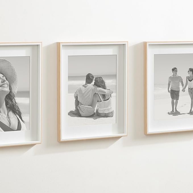Kate and Laurel Gibson Modern Wall Picture Frame Set of 3; 14x18 matted to 11x14; White and Natural; Modern Three-Piece Frame Set for Gallery Wall Frame Set in Living Room Wall Decor