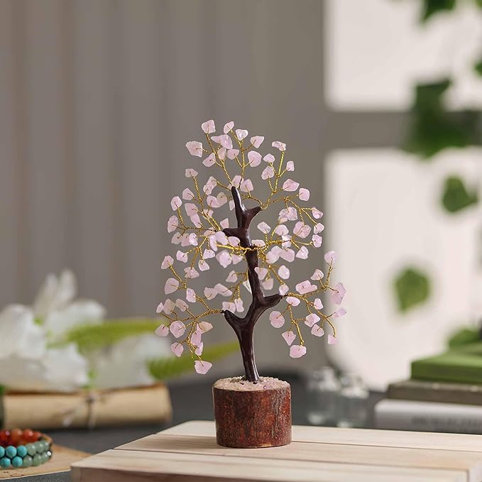 NARIBABU Rose Quartz Crystal Tree (7–8 Inch, 100 Chips) – Handmade Gemstone Tree with Raw Stones & Golden Wire – Birthday Gifts for Women, Gift for Her, Spiritual Decor, Desk Decor