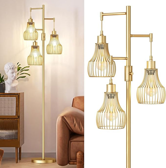 Dimmable Gold Floor Lamps for Living Room, 70" Farmhouse Tree Standing Tall Lamps with 3 Elegant Cage Shade & 800 Lumens LED Bulbs for Bedroom Office