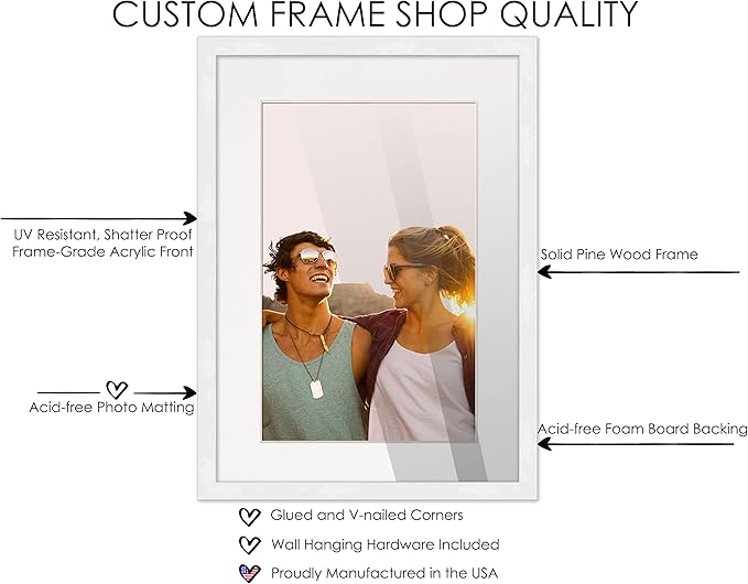 8x10 Frame White Wood with White Mat | 10x12 Frame Matted to 8x10 | Display Your Poster Under UV Acrylic Shatter Guard Front, with Foam Board Backing and Wall Hanging Hardware - Solid Pine Frame