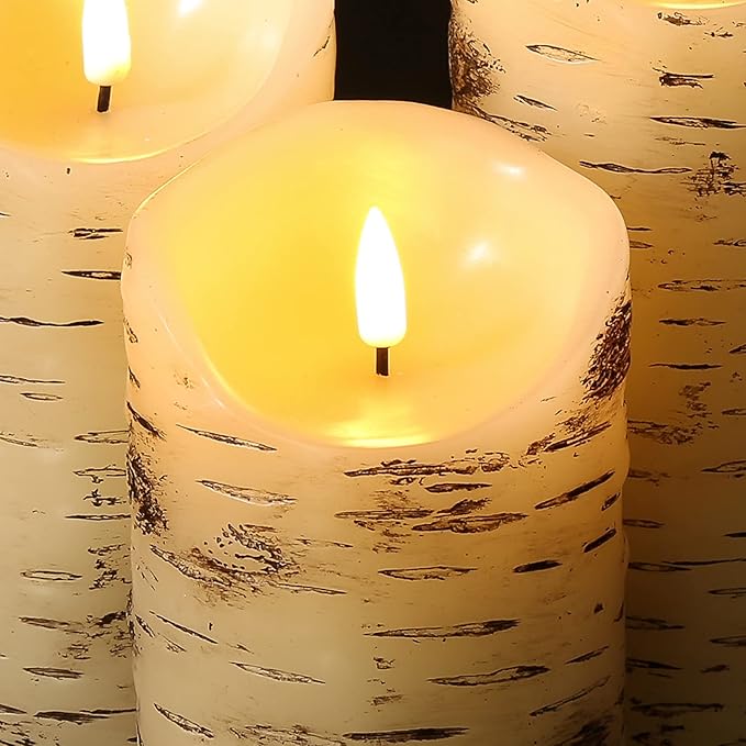 Eywamage Birch Bark Flameless Pillar Candles with Remote, Flickering Rustic Battery LED Wood Candles Set of 3