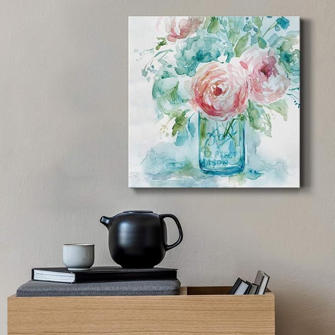 Square Premium Gallery Wrapped Canvas Flower Multicolor Wall Art Abstract Floral Romance Modern Pictures Print for Home Office, Ready to Hang