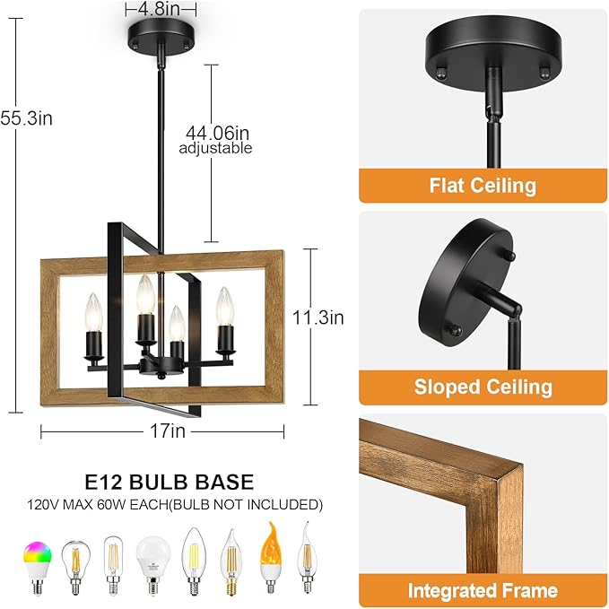 17" Farmhouse Wood Chandelier, (4-Light, 17-Inch), Rustic Dining Room Light Fixtures Over Table, Adjustable Hanging Light Fixture for Kitchen, Living Room, Foyer, Entryway