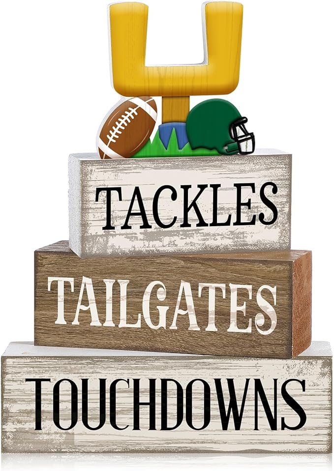 4 Pcs Football Table Decorations Football Tiered Tray Decor Sport Game Centerpiece Sign Decorative Rugby Stack Block Gift for Fans Club Tailgate Birthday Party Table Shelf Fireplace Decor