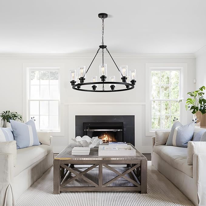 9-Light 32" Modern Farmhouse Chandeliers for Dining Room,Wagon Wheel Black Chandelier,Adjustable Height Hanging Round Pendant Lights for Kitchen Island Clear Glass Shade Ceiling Light fixtures