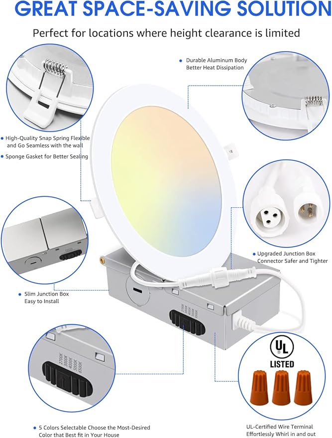 16 Pack 5CCT Ultra-Thin LED Recessed Lighting 6 Inch, Downlight with Junction Box, 2700K/3000K/4000K/5000K/6500K Selectable, 12W 110W Eqv, Dimmable Wafer Lights, 1050LM Canless LED Recessed Light, ETL
