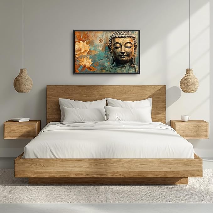 Framed Large Wall Art for Living Room, Golden Buddhist Canvas Wall Decor, Large Lotus Pictures Framed Painting, Zen Meditation Artwork for Bedroom Office Home Decor 36L'' × 24W''