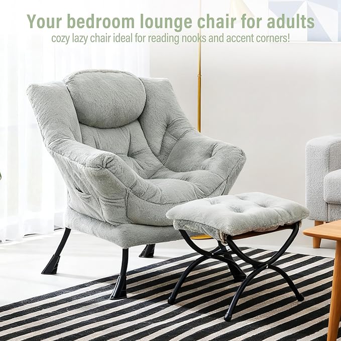 Lazy Chair with Ottoman, Modern Chair with Folding Footrest, Lounge Accent Chair, Comfortable Reading Chair (Plush Green)
