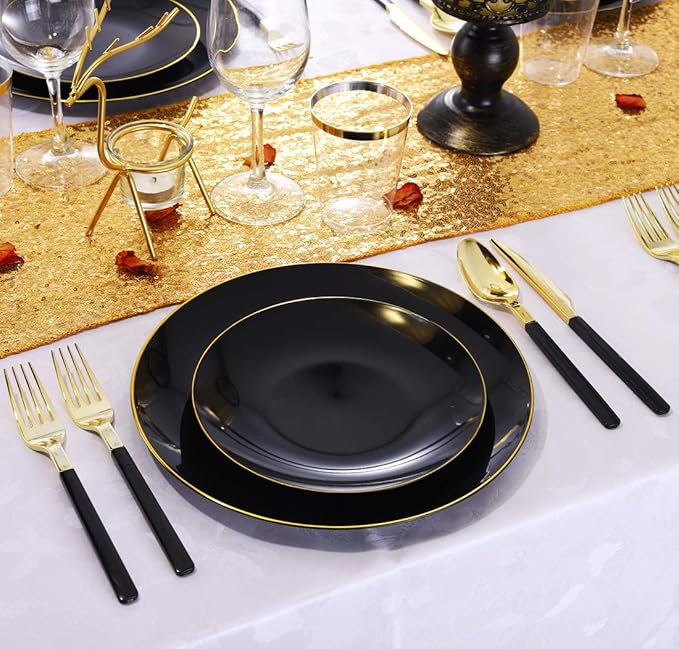 Nervure 100 Pieces Black Plastic Plates - 7.5inch Black Dessert Plates - Disposable Gold Plastic Plate - Disposable Plate Ideal for Wedding & Party & Halloween