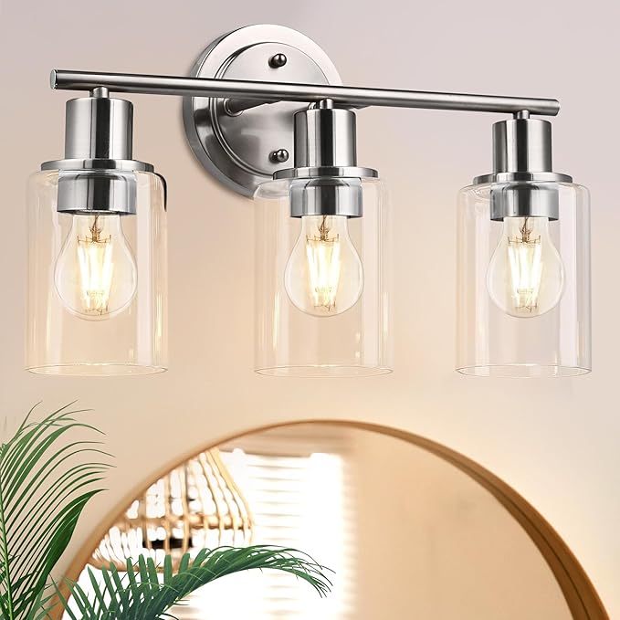 Brushed Nickel 3-Light Vanity Lights for Bathroom, 3-Light Brushed Nickel Bathroom Vanity Light Fixture Over Mirror, Silver Three Bulb Wall Sconce Over Sink