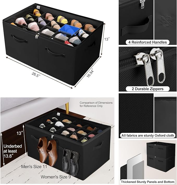 Shoe Organizer for Closet 2 Pack, Foldable Shoe Box with Adjustable Divider and Clear Cover, Space Saving Shoe Storage Organizer Cabinet with Reinforced Handles, Fits 40 Pair, Black, TP11B
