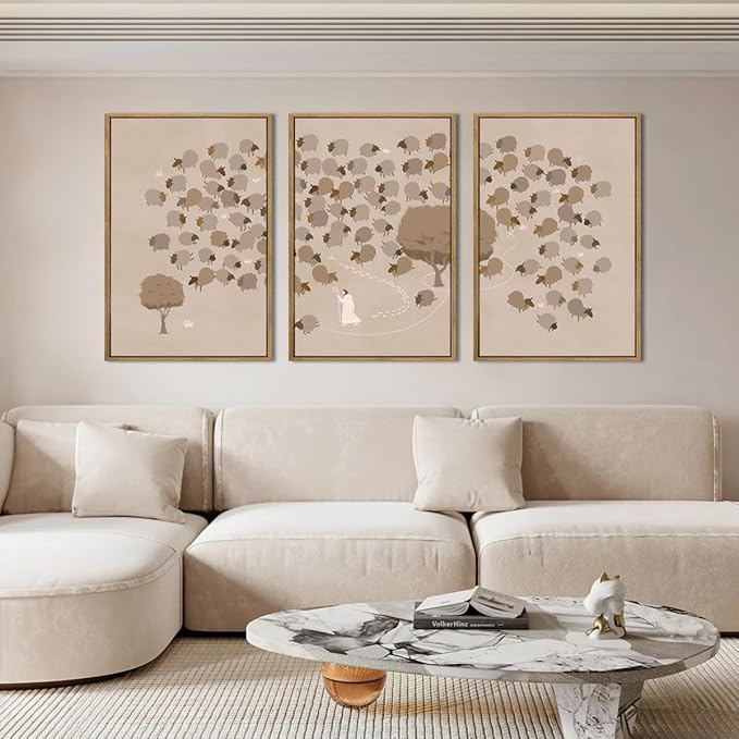 IARTTOP Large Jesus Framed Canvas Wall Art 16x24 Inch Jesus Leaves the 99 Sheep Art Prints Set of 3 God Christian Bible Wall Decor for Living Room Bedroom Church