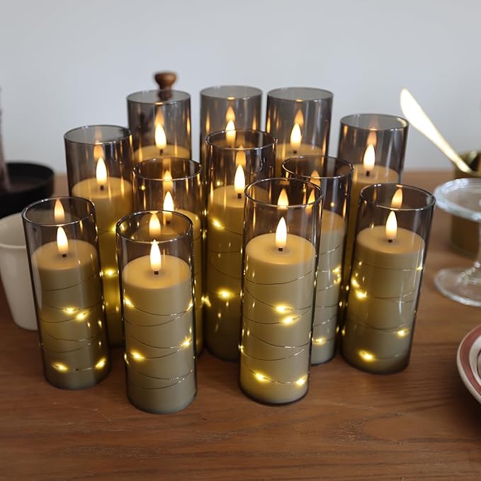 Da by Flameless Candles with Recessed String Light, Battery Operated Candles, Acrylic LED Pillar Candles with Remote Control and Timer, Gray, Set of 12