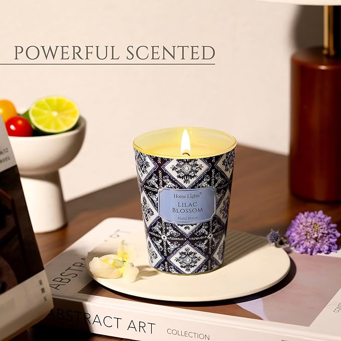 HomeLights 1-Wick Candles for Home Scented - 6.7oz Soy Wax Blend Candle Long-Lasting Fragrance, Bohemian Natural Textures Home Decor and Housewarming Gifts, Lilac Blossom
