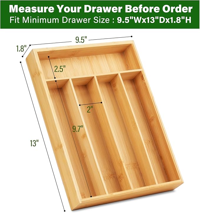 LotFancy Bamboo Kitchen Drawer Organizer, 9.5 Inch Silverware Tray for Small Drawer, Utensil Organizer for Cutlery, Fork, Spoon Storage (5 Slots, Natural)